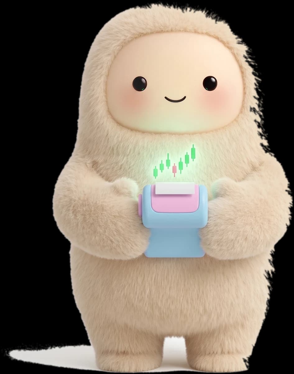 the Musestock muse: a cream plush hugging a small pastel terminal with a green candlestick chart on its screen